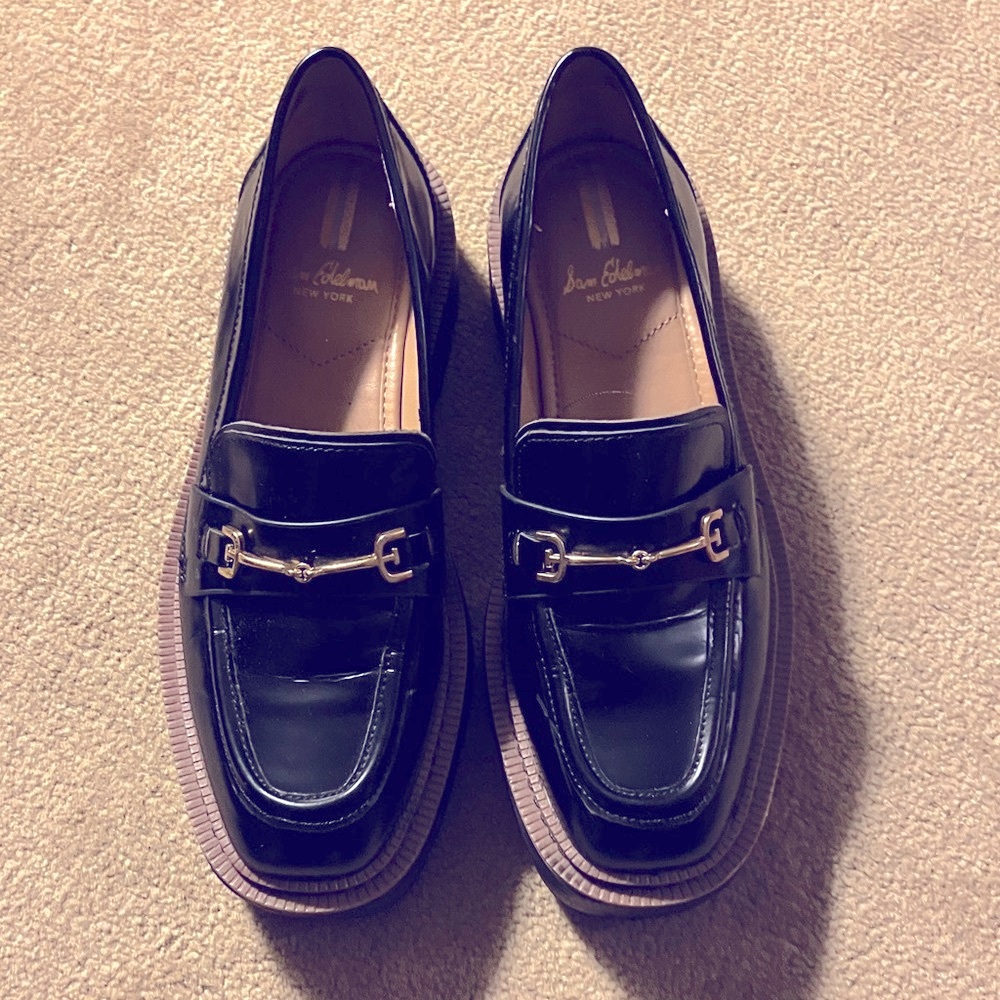 Sam Edelman Chunky Black Loafers with Gold Buckle